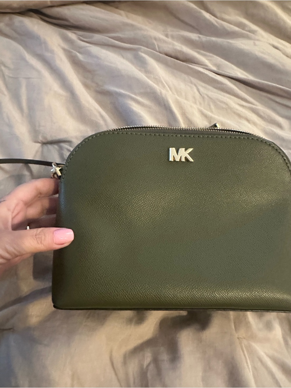 Michael Kors Olive Green Leather Crossbody Bag with Gold Logo Accent